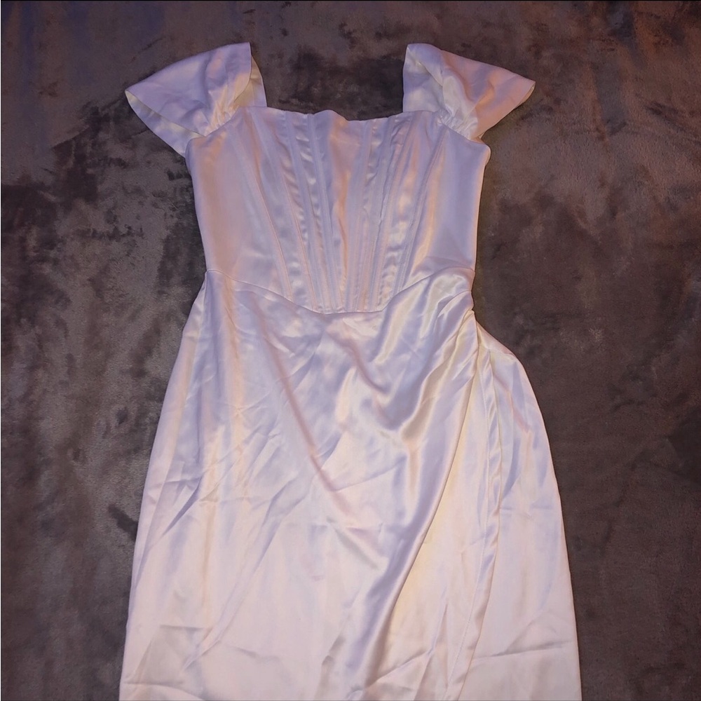 White Satin Off-Shoulder Midi Dress Side Cut-Out with Corset